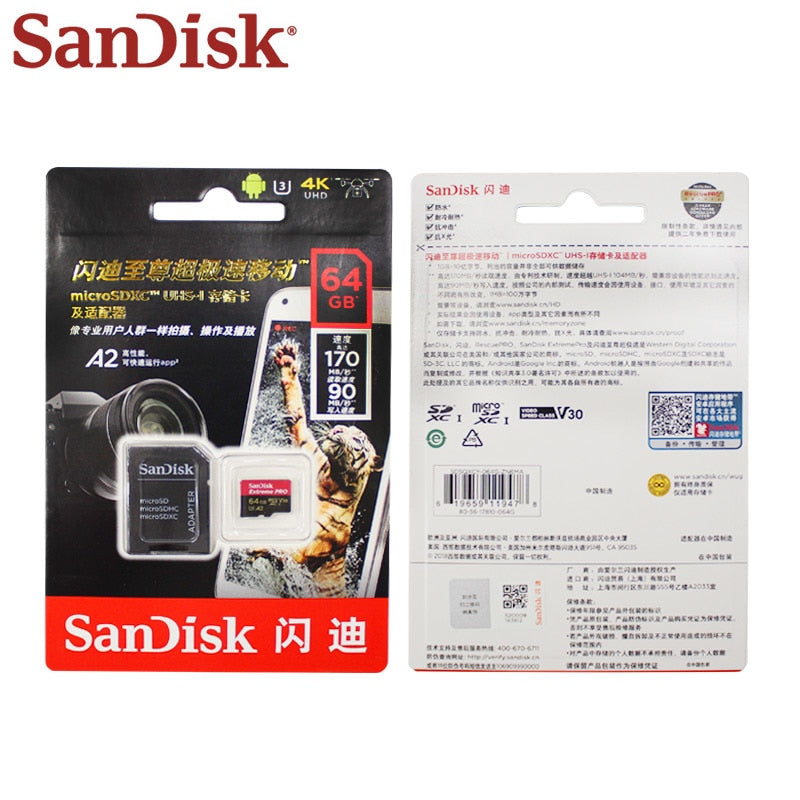 Original Sandisk Extreme Pro Micro SD Card up to 170MB/s A2 V30 U3 64GB 128GB Sandisk TF Card Memory Card With SD Adapter